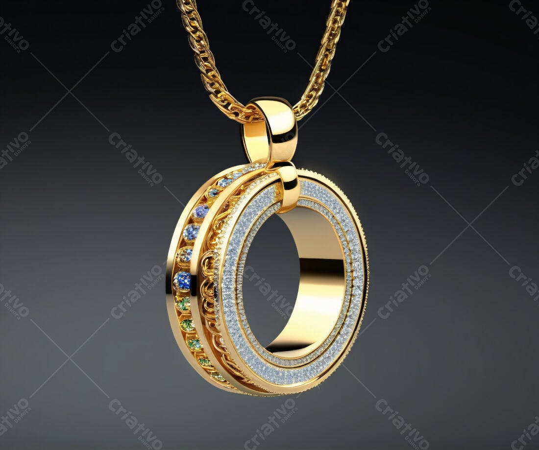 Pingente de ouro com diamantes e safiras
