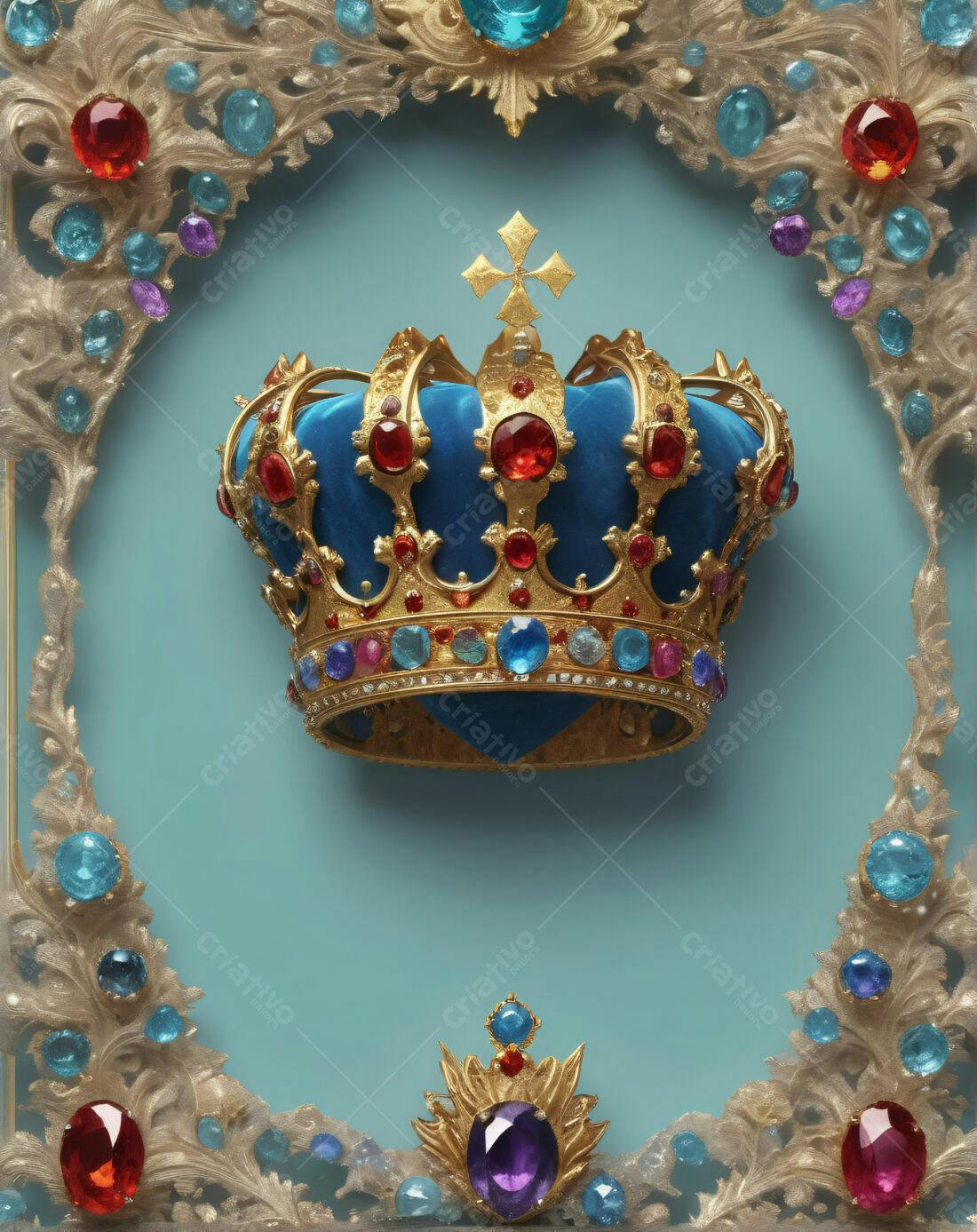 Coroa real azul e dourada com pedras preciosas