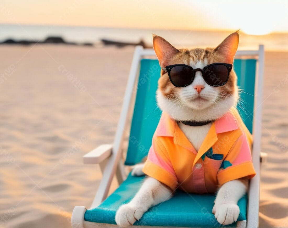 Gato estiloso na praia ao entardecer