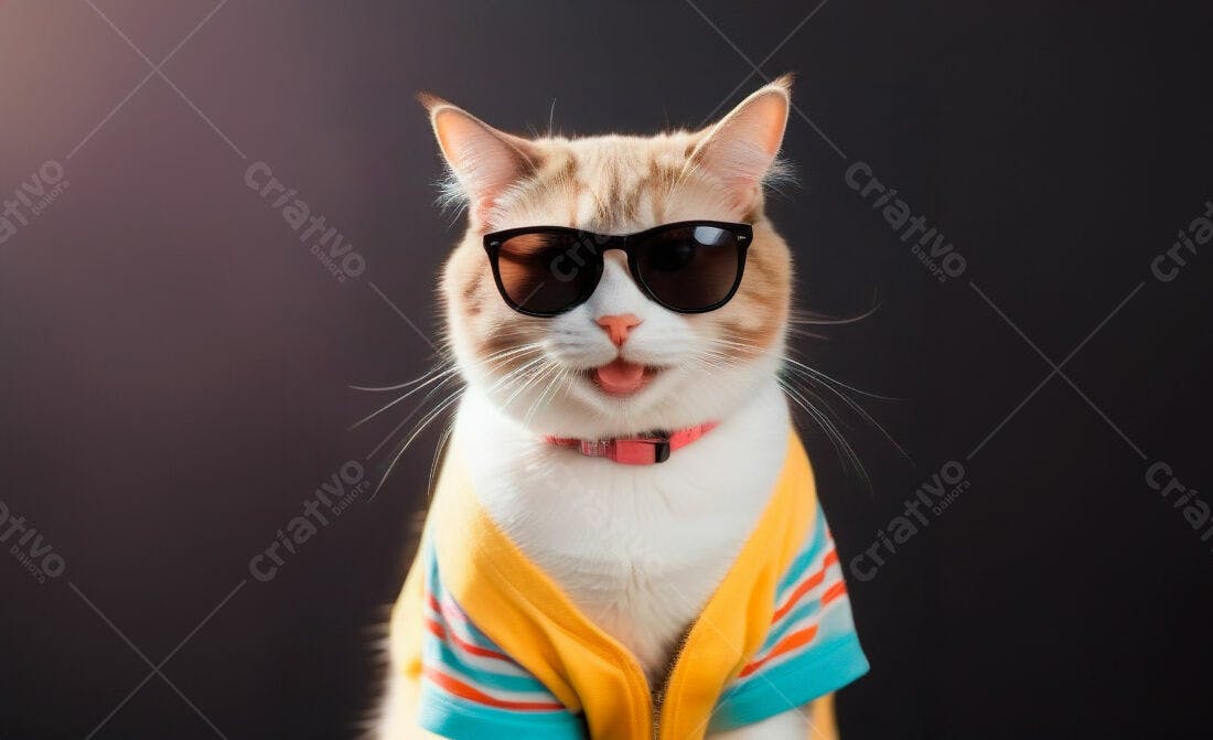 Gato estiloso com óculos escuros e camisa amarela