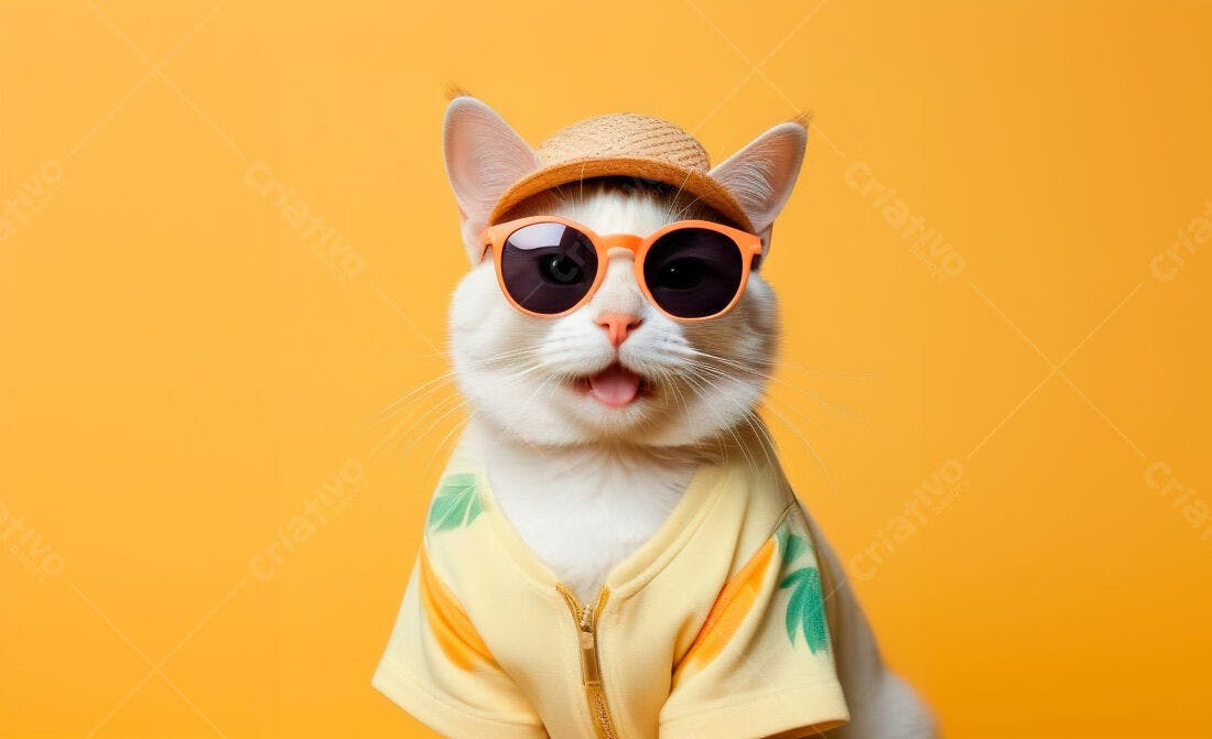Gato estiloso com óculos e chapéu de sol