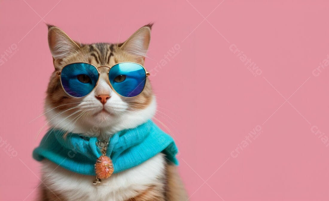 Gato estiloso com óculos azuis e cachecol