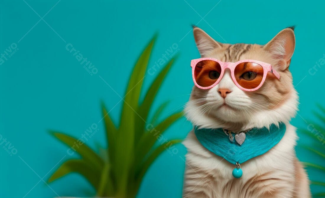 Gato estiloso com óculos rosa e bandana turquesa