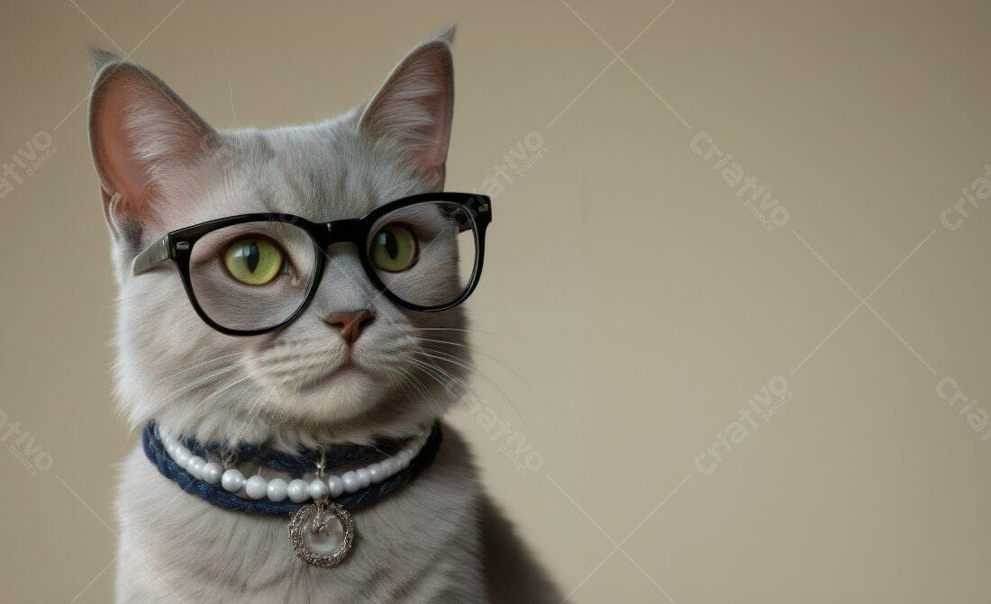 Gato cinza de óculos usando colar de pérolas