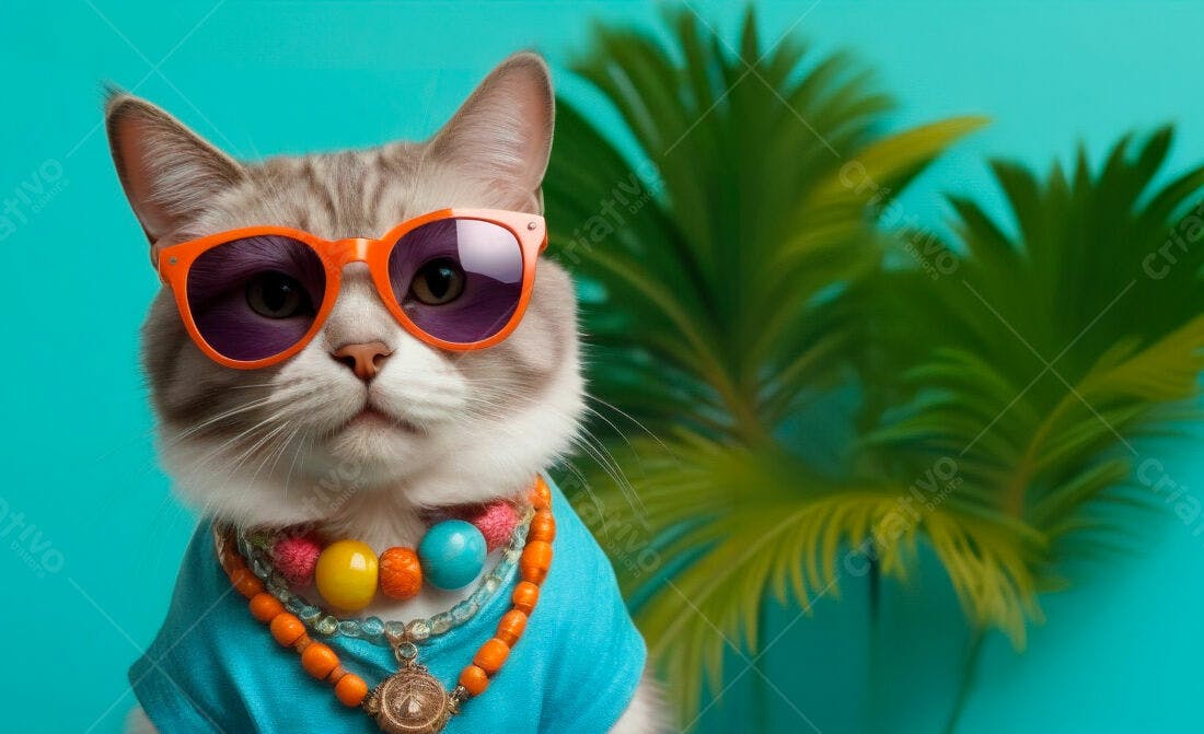 Gato estiloso com óculos laranja e colar