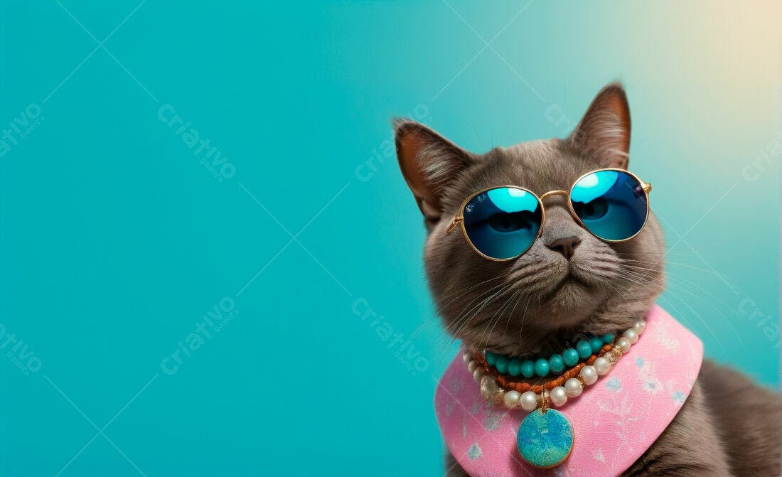 Gato estiloso com óculos azuis e bandana rosa