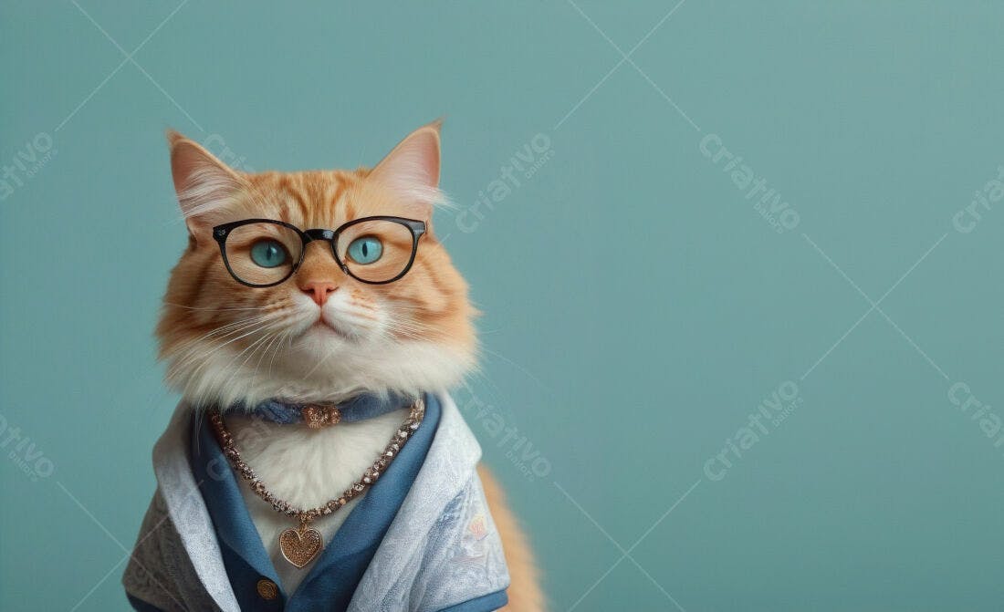 Gato ruivo com óculos e roupa elegante
