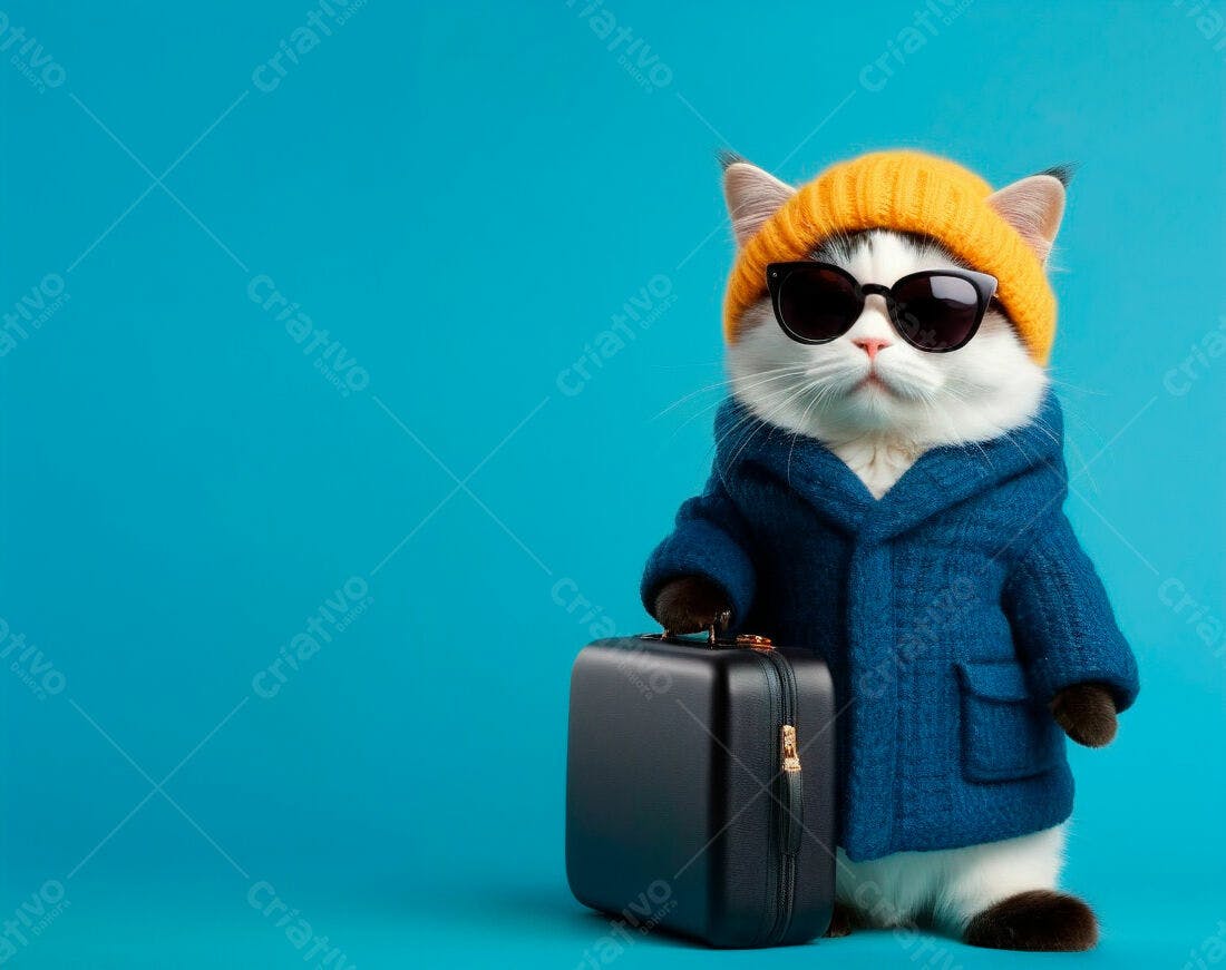 Gato estiloso com maleta azul e chapéu