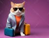 Cat, solid background, clothes, glasses, suitcases, travel.