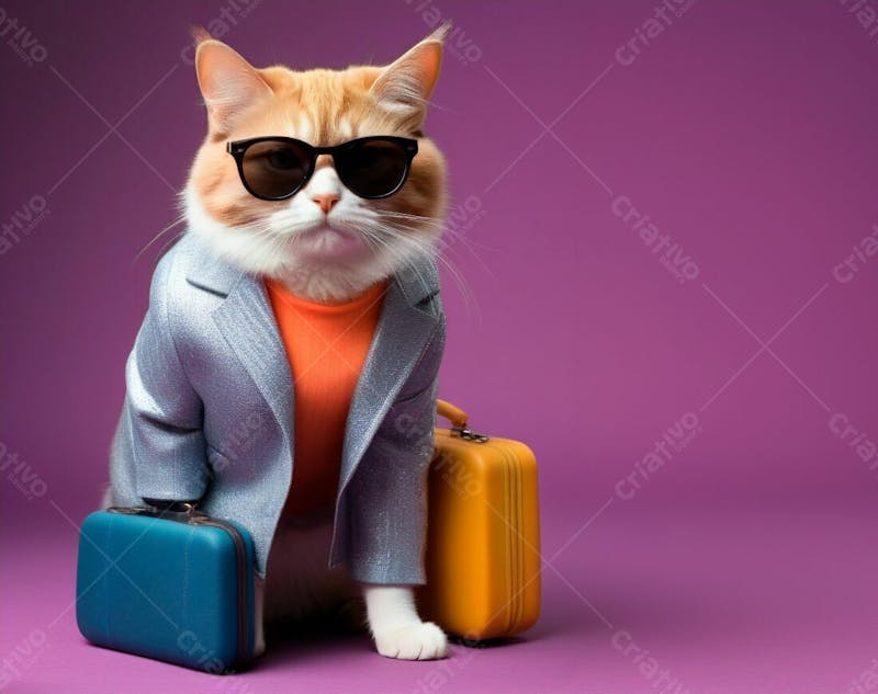 Gato, background solido, roupas, oculos, malas, viagem