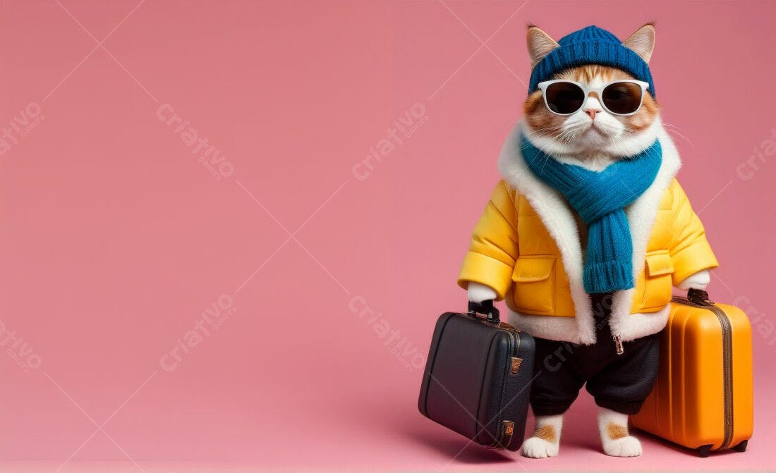Gato estiloso com malas pronto para viajar