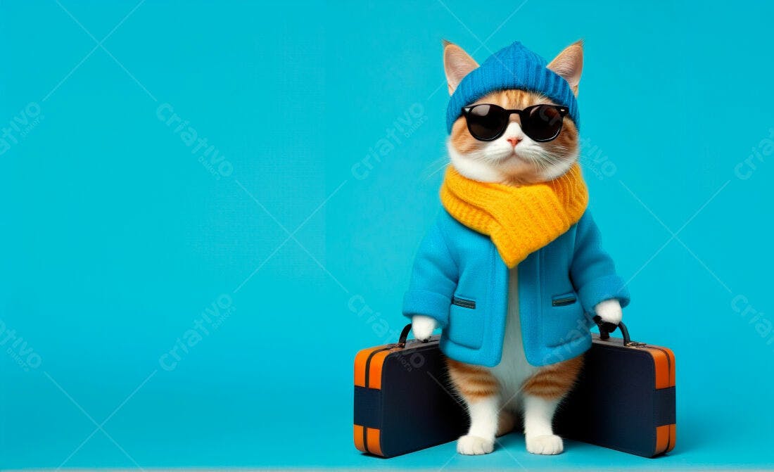 Gato estiloso com malas azul e amarelo