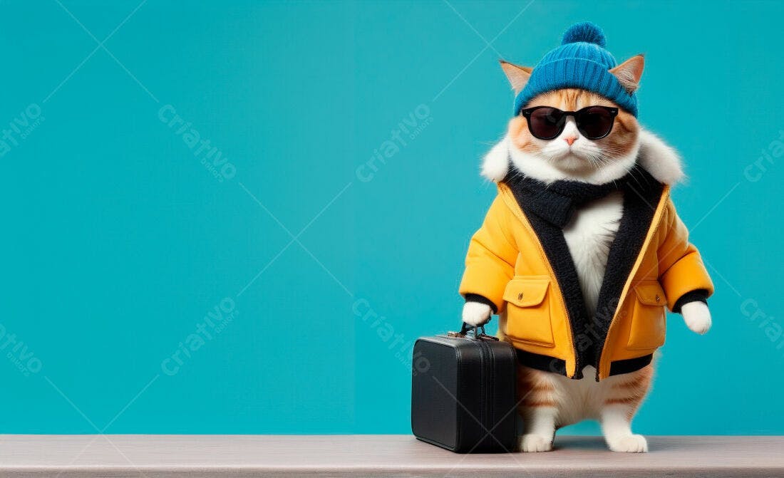 Gato estiloso com mala de viagem