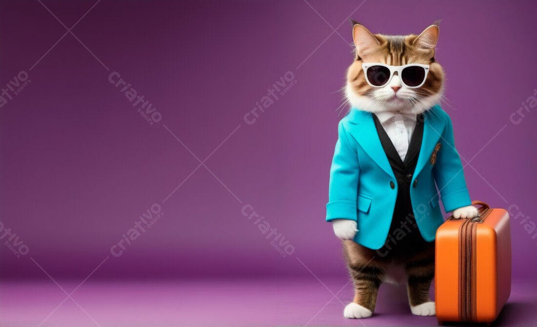 Gato elegante com mala em fundo roxo