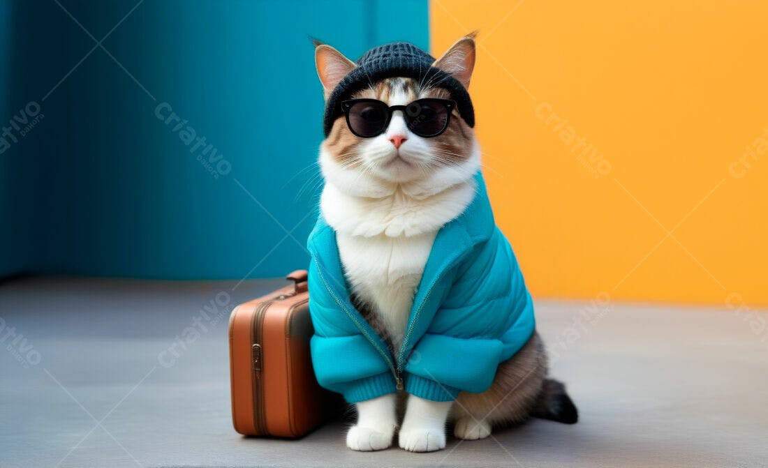 Gato estiloso com óculos e mala