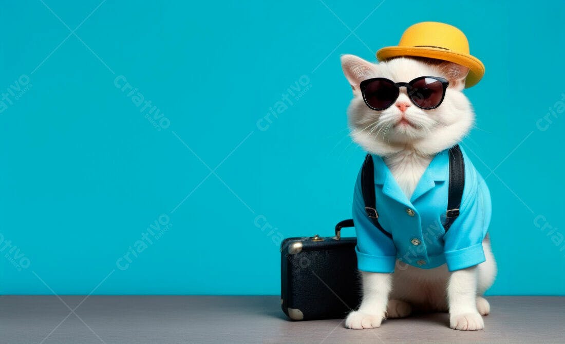 Gato estiloso com maleta azul turquesa
