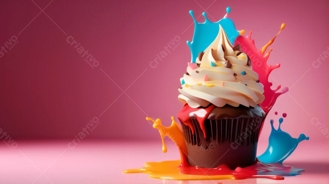 Cupcake colorido com cobertura e respingos