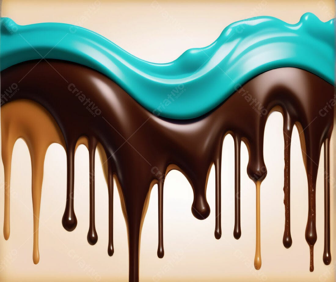Gotas de chocolate derretido marrom e caramelo com azul turquesa