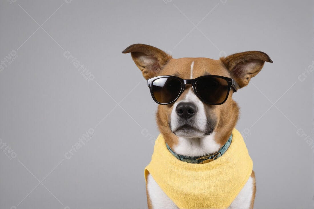 Cachorro com óculos escuros e bandana amarela