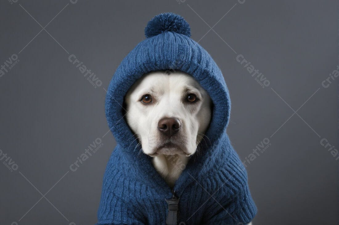 Labrador branco com gorro azul inverno