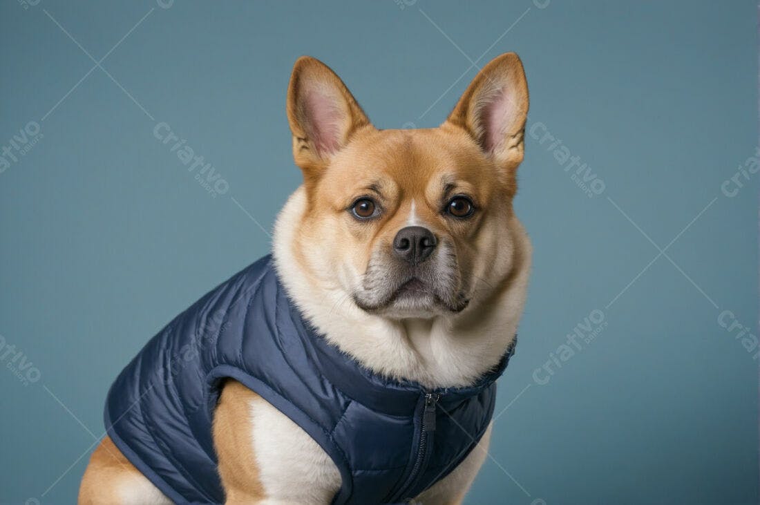 Cachorro vestindo casaco azul fundo azul