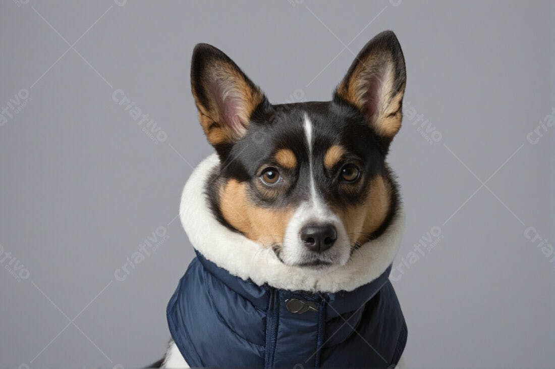Cachorro usando casaco azul fundo cinza