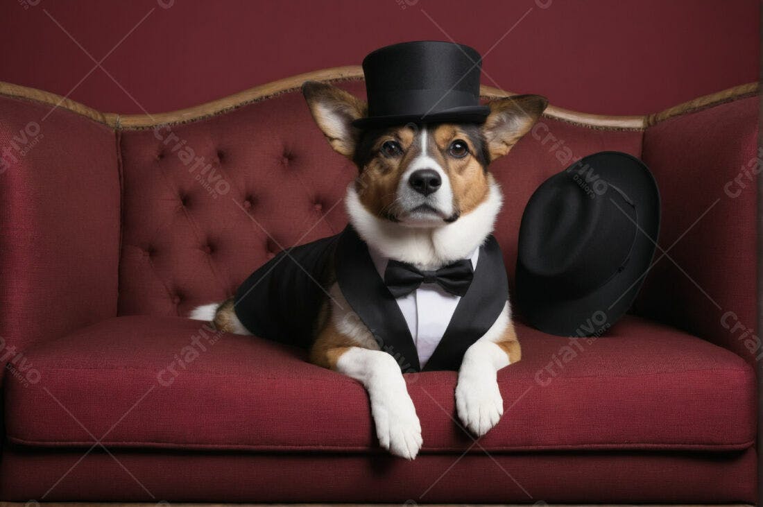 Cachorro elegante em sofá vermelho