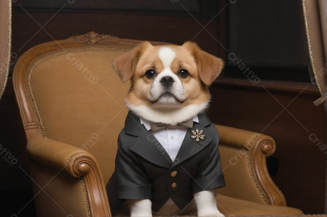 Cachorro elegante em terno marrom e bege