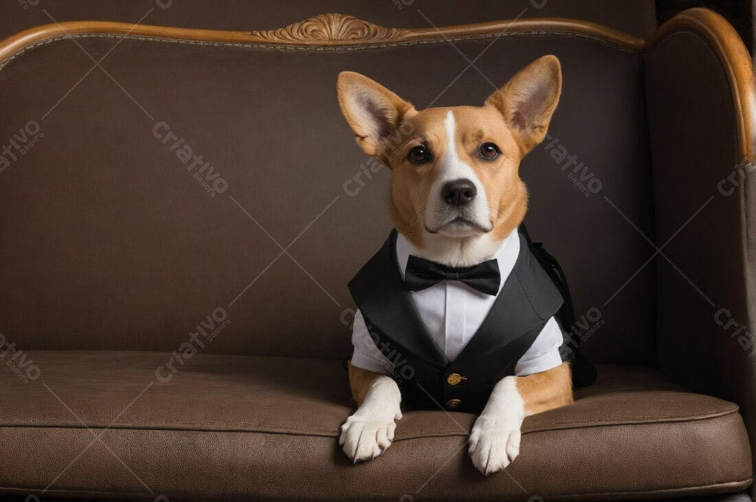Cachorro elegante em sofá marrom