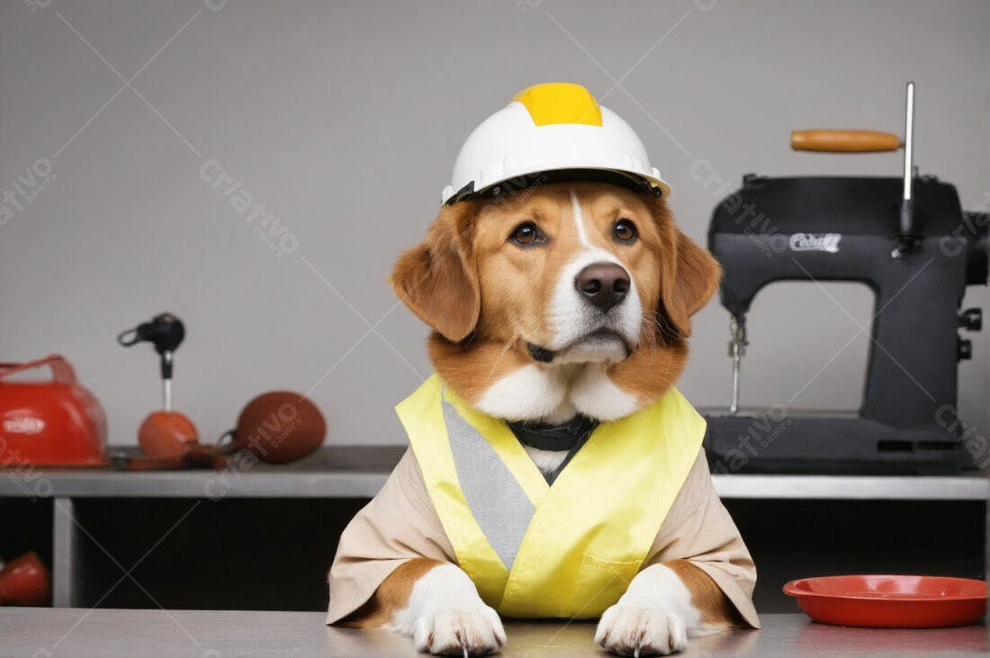 Cachorro construtor com capacete branco