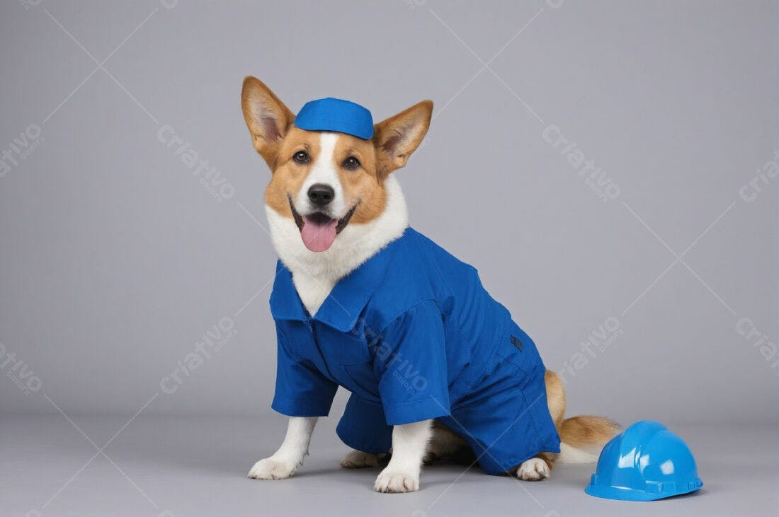 Corgi com uniforme azul e capacete