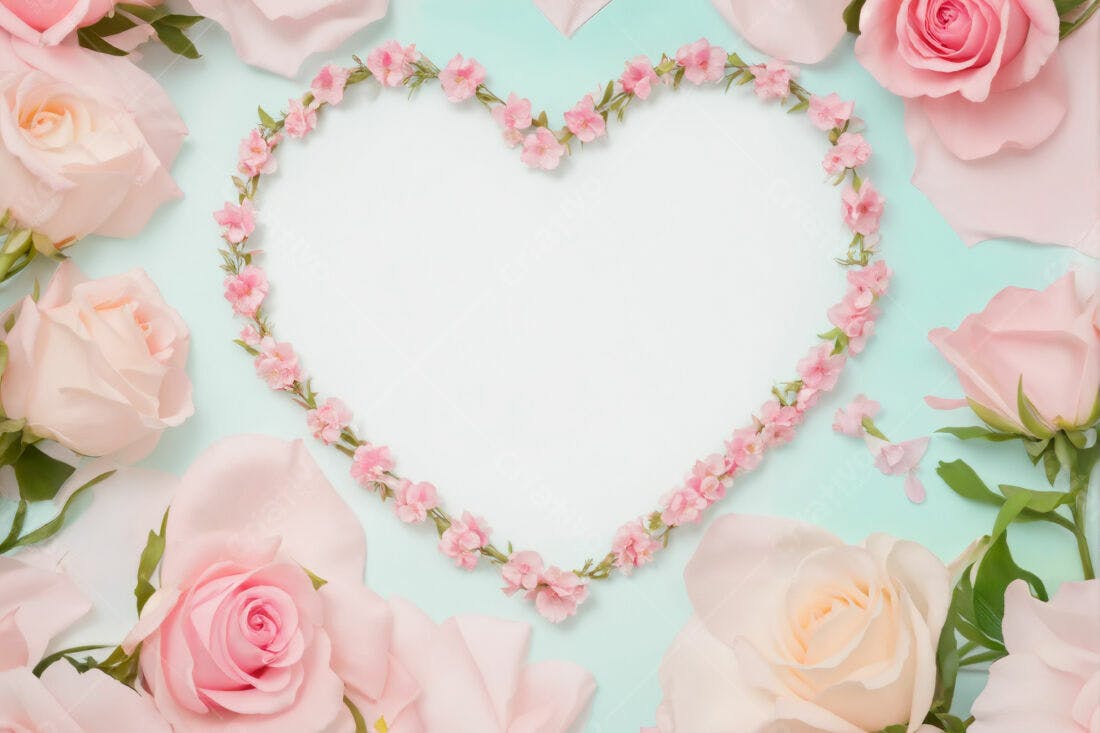 Moldura floral em formato de coração com rosas