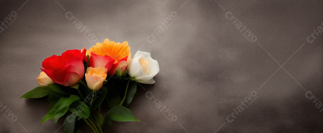 Buquê de rosas e gerbera fundo cinza