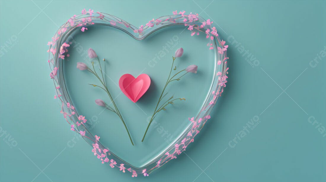 Coração Rosa em Prato de Coração com Flores