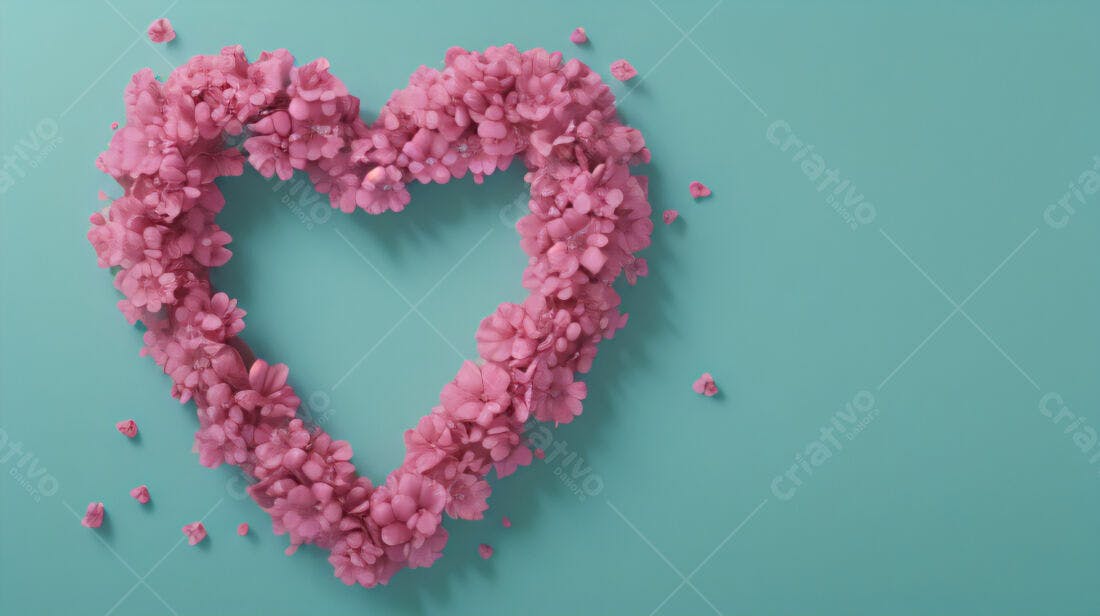 Coração de flores rosa em fundo azul