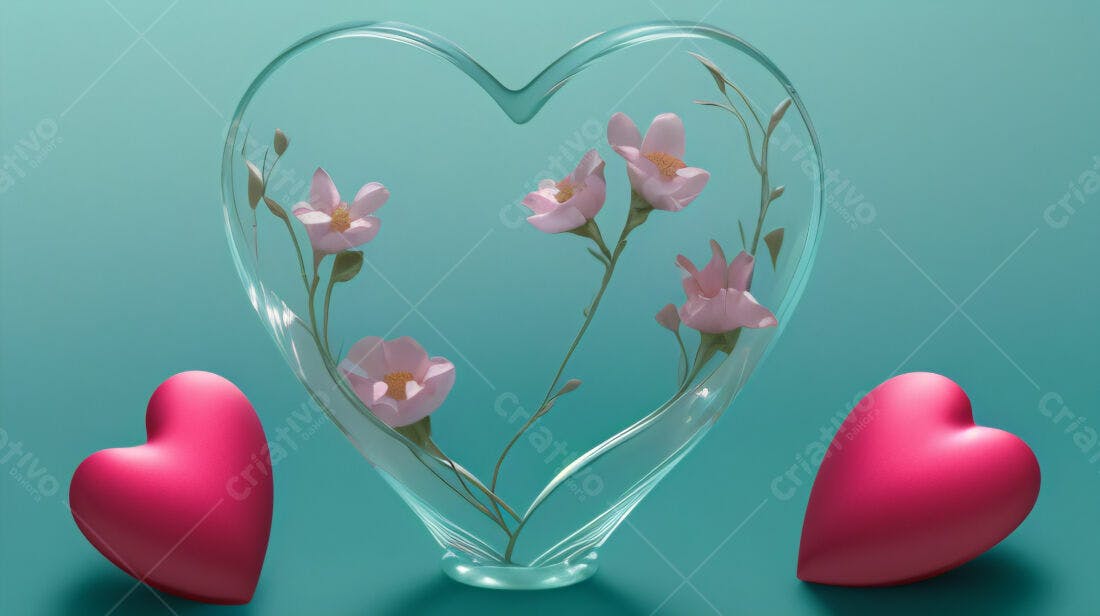 Flores rosas em vaso coração decoração romântica