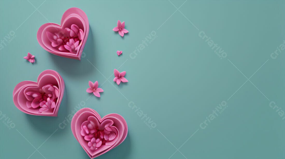 Corações com flores rosas fundo azul