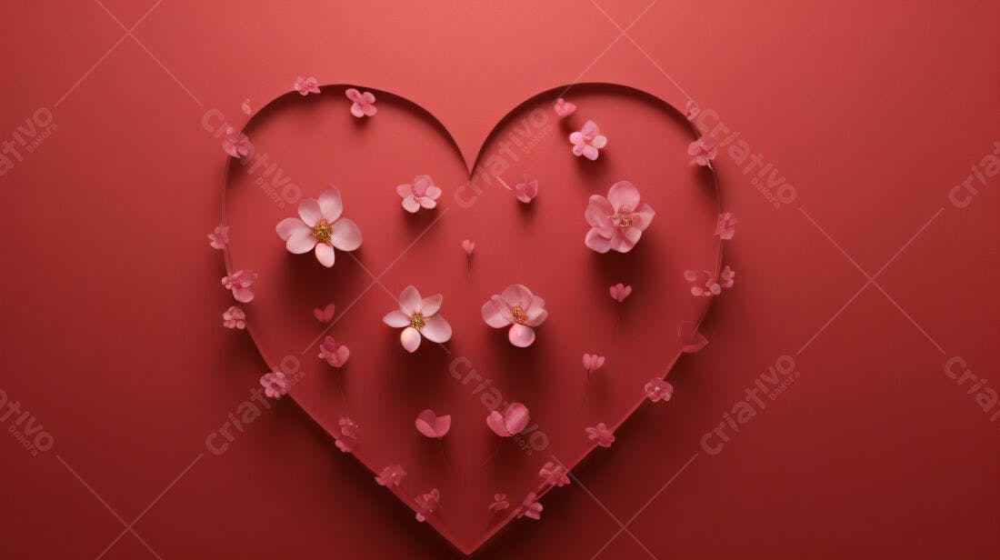Coração floral em tons rosa sobre fundo vermelho