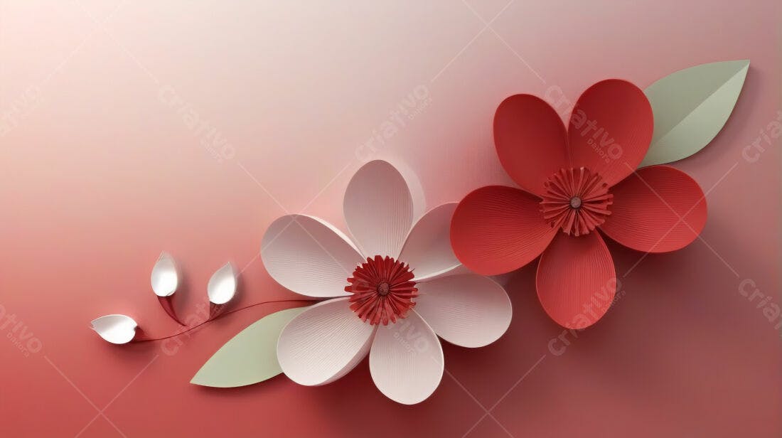 Flores de papel vermelho e branco fundo rosa