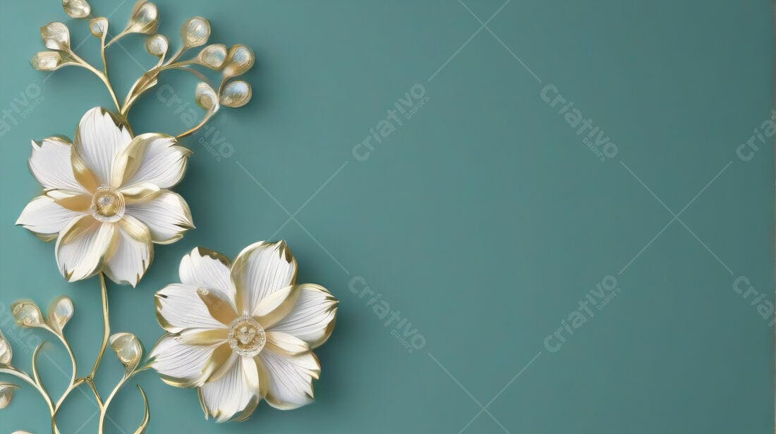 Flores Douradas e Brancas em Fundo Verde