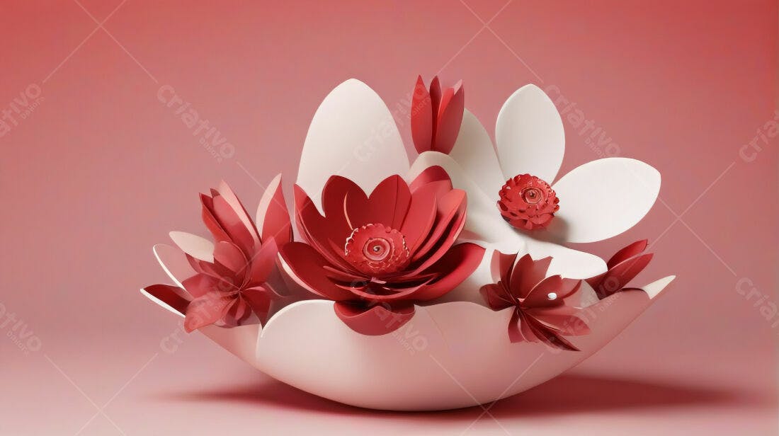 Flores de papel vermelho e branco em vaso