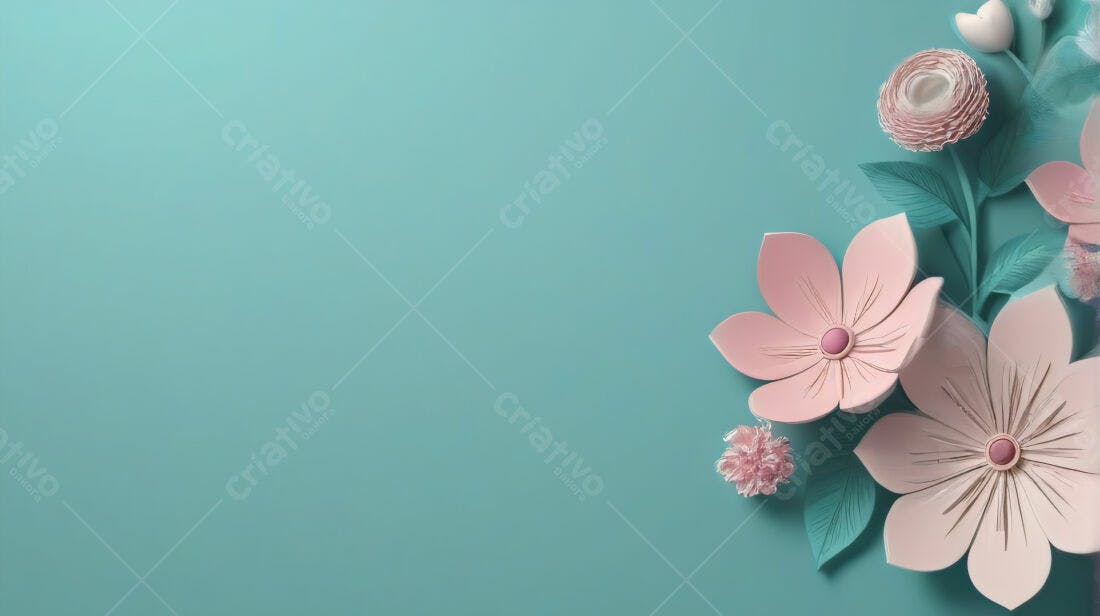 Flores de papel rosa e menta em fundo azul