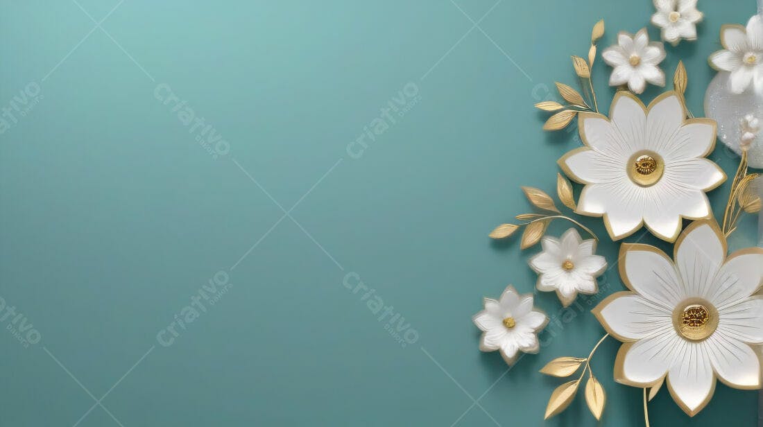 Flores brancas e douradas em fundo azul-água