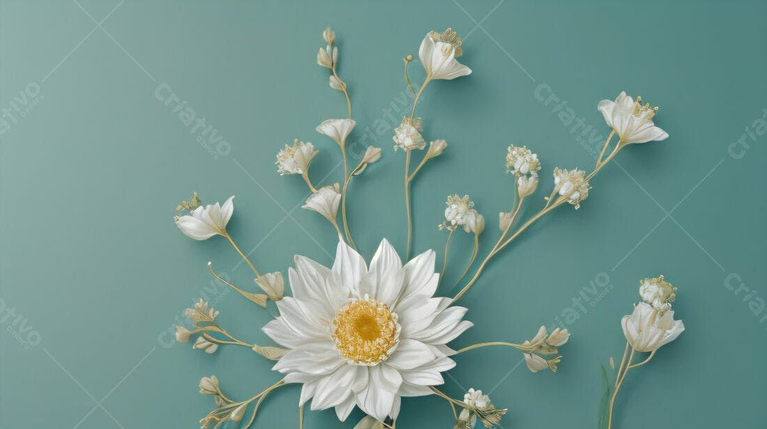 Flor branca grande com ramos dourados fundo azul