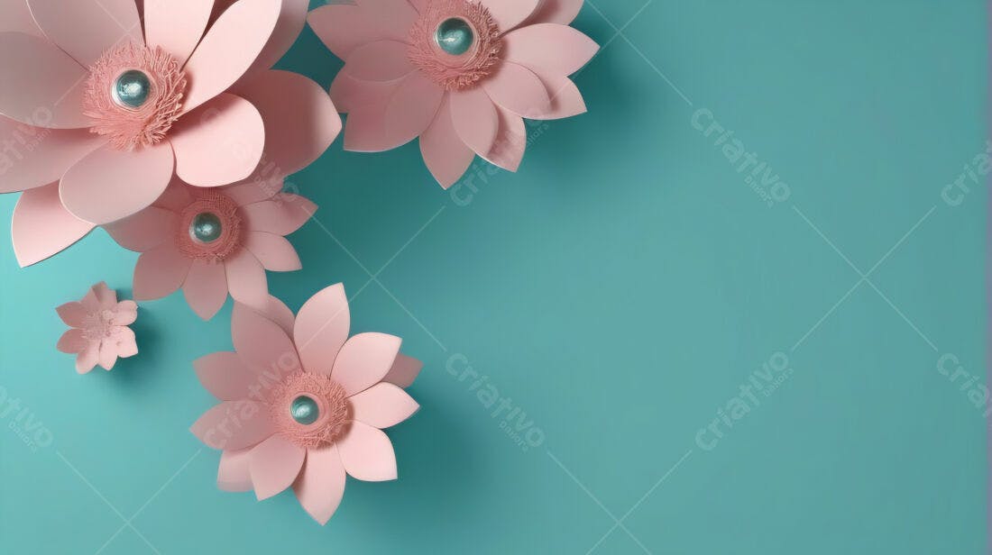 Flores de papel rosa em fundo azul claro