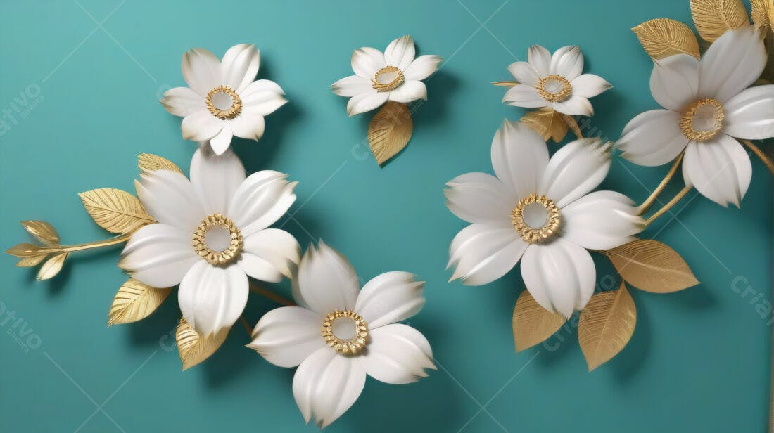 Flores brancas e douradas fundo turquesa