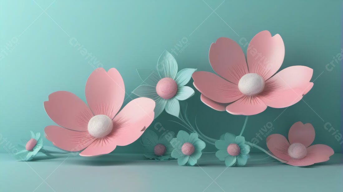 Flores rosa e azul claro em fundo mint