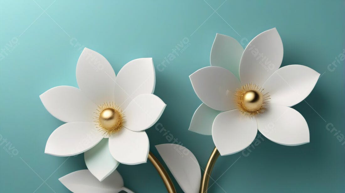 Flores brancas com detalhes dourados fundo azul