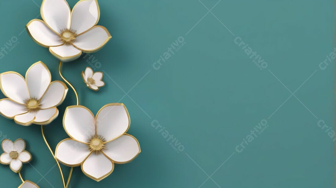 Flores brancas e douradas fundo teal