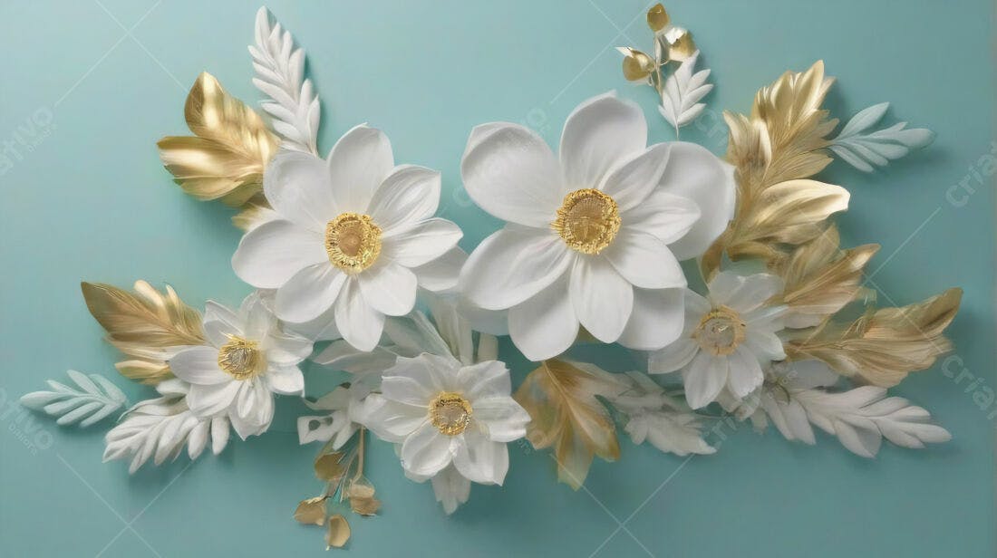Flores brancas e folhas douradas fundo azul